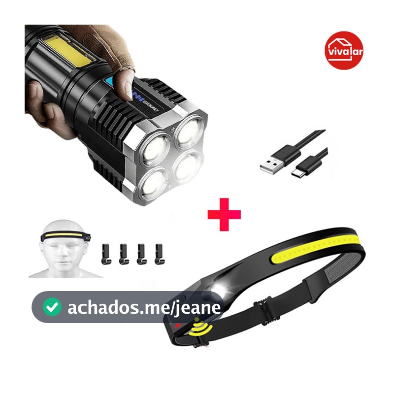 KIT de Lanterna Tatica Recarregavel + Lanterna de Cabeça Led Corpo Motion Camping Torch Light Lamp Com Usb