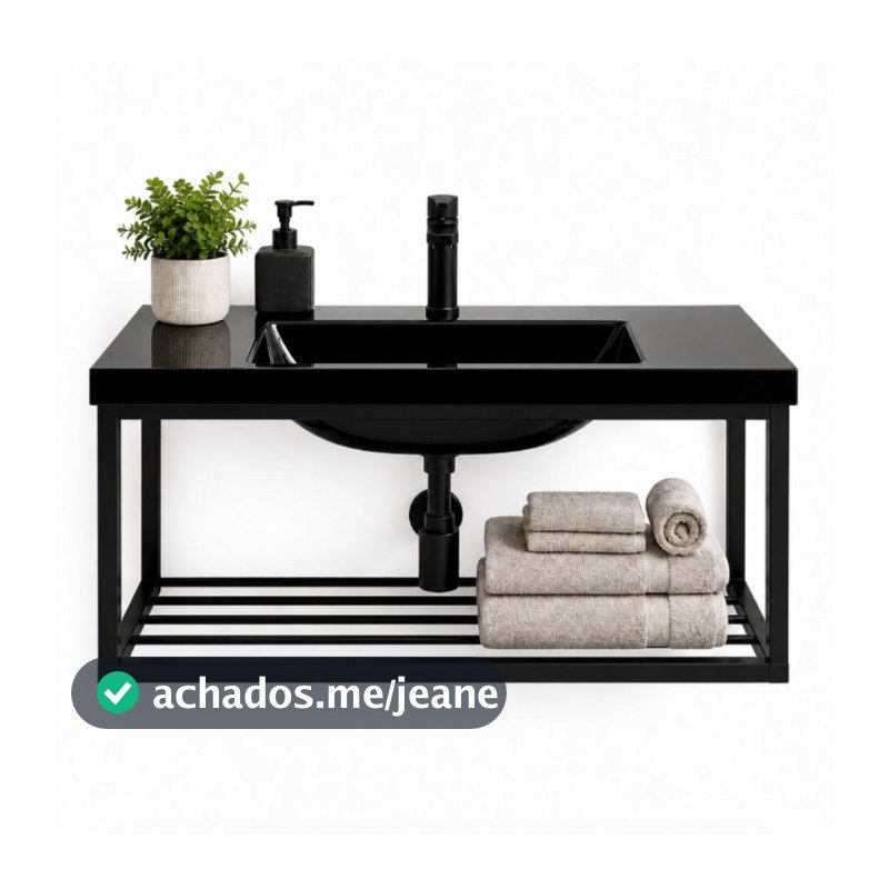 Gabinete para Banheiro com Pia em Acrílico Estrutura de Ferro Preta com Prateleira 60 cm