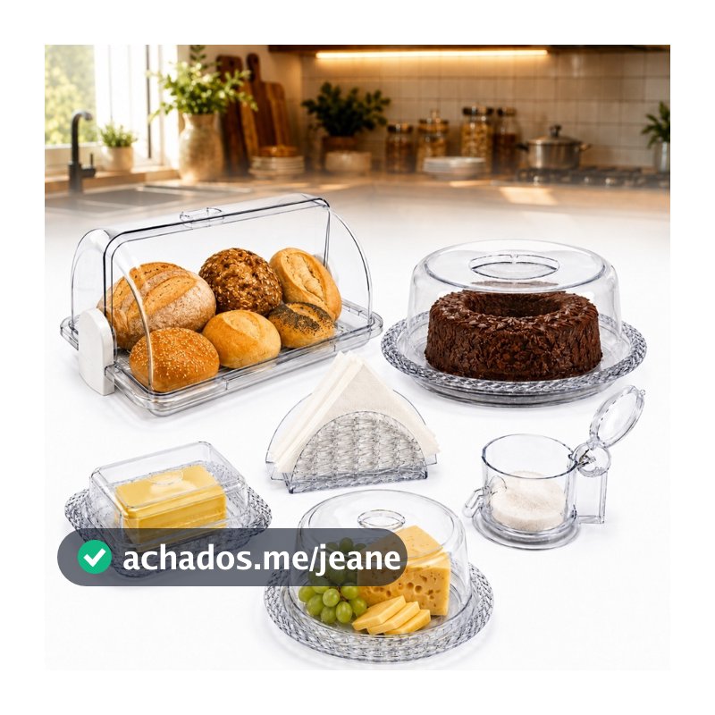 Kit Café da Manhã 6 Peças Acrílico Cristal Porta Pão Boleira Queijeira Manteigueira Açucareiro Porta Guardanapo
