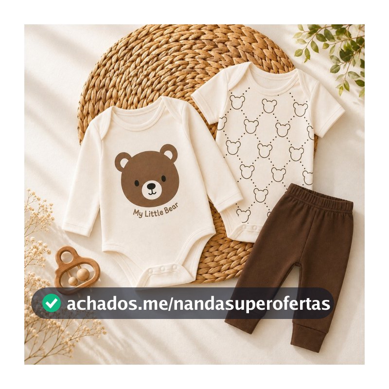 Conjunto Roupa 3 Peças Body Calça Mijao Bebe Menino 100% Algodão Estampas Divertidas