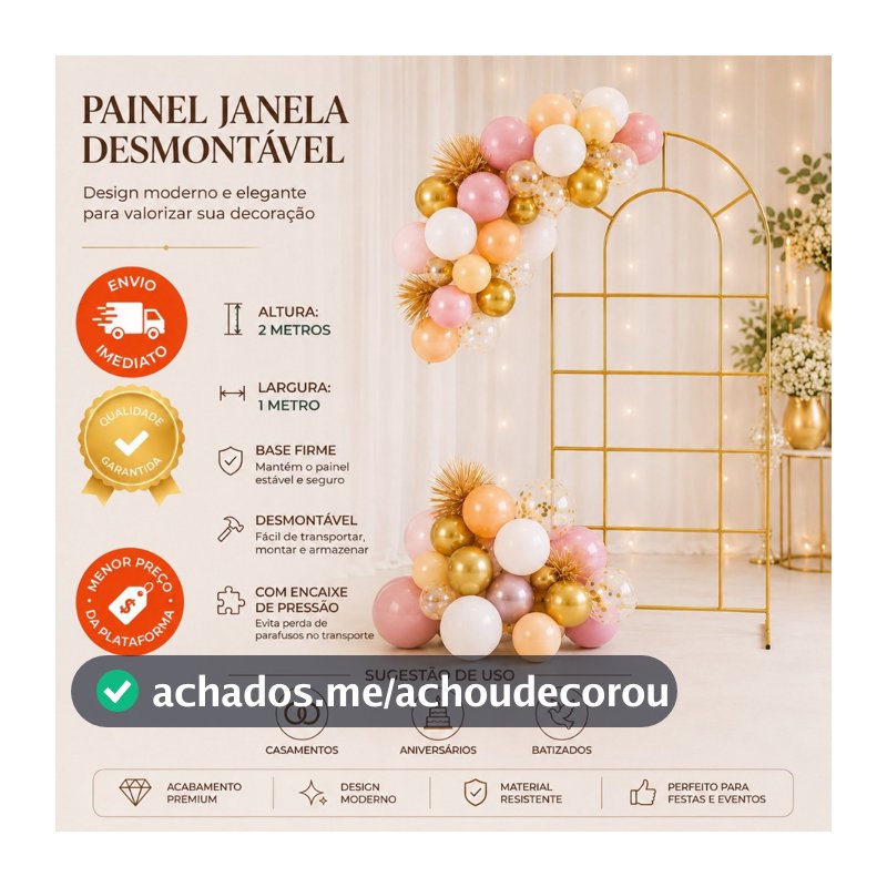 Arco de Festa Metálico Painel Portal Suporte Janela 2 metros Dourado Ideal para Festas, Aniversários e Casamentos