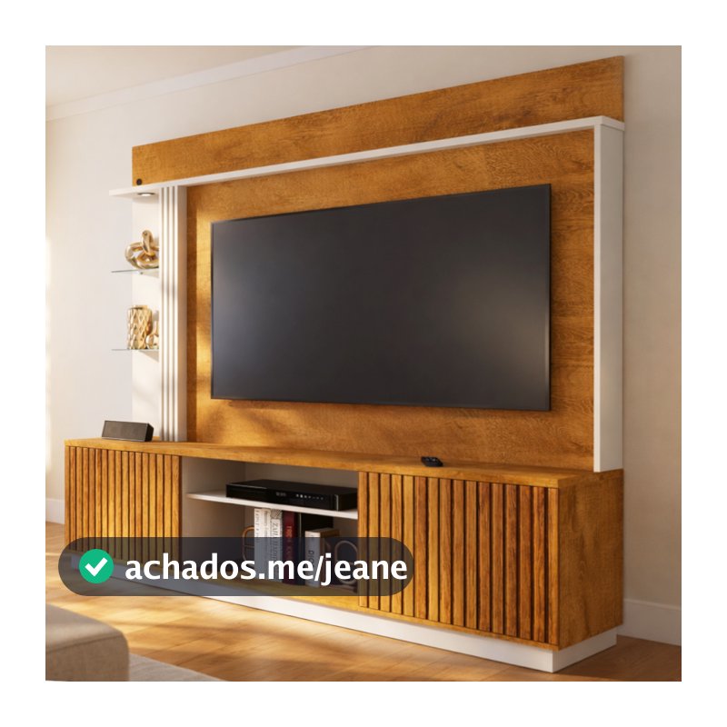 Rack De Tv Com Painel 2 Portas Led Prateleira De Vidro Parla Cor Amadeirado / Off White