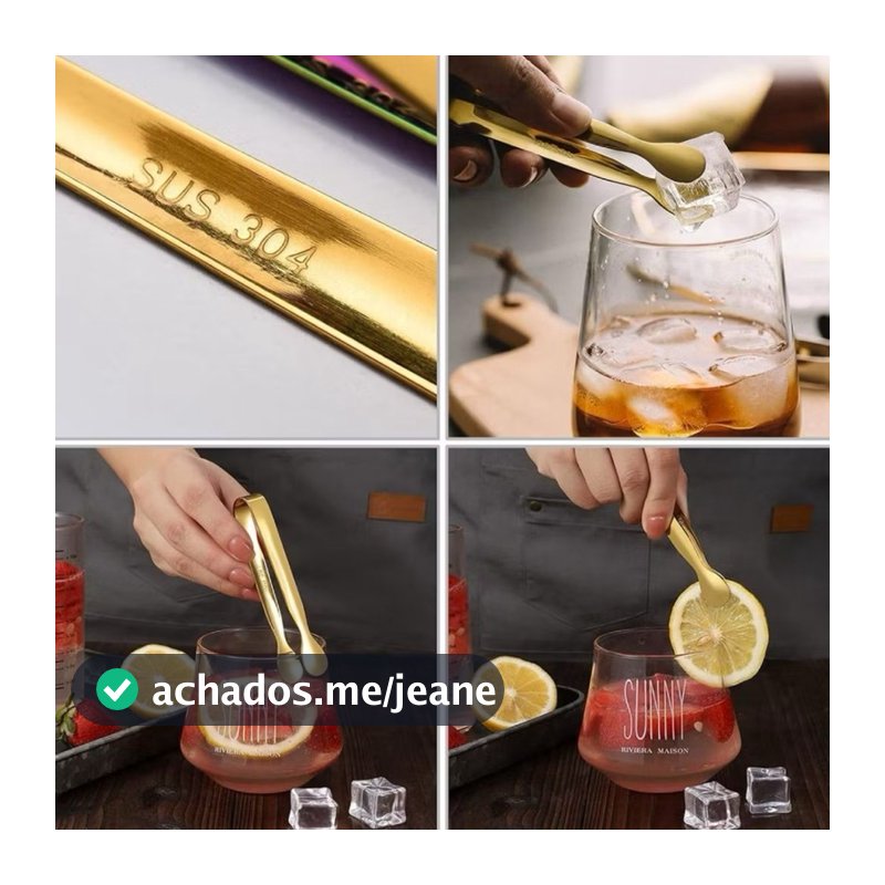 Pegador de Gelo Inox Dourado SUS 304 – Pinça Multifuncional para Bar, Cozinha, Drinks, Frios, Petiscos e Churrasco