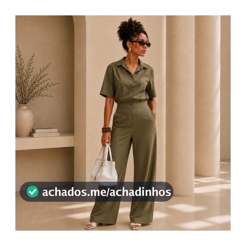 Conjunto Alfaiataria Marrant Blusa Social e Calça Com Elástico Pantalona Wide Leg Moda Chic Elegante
