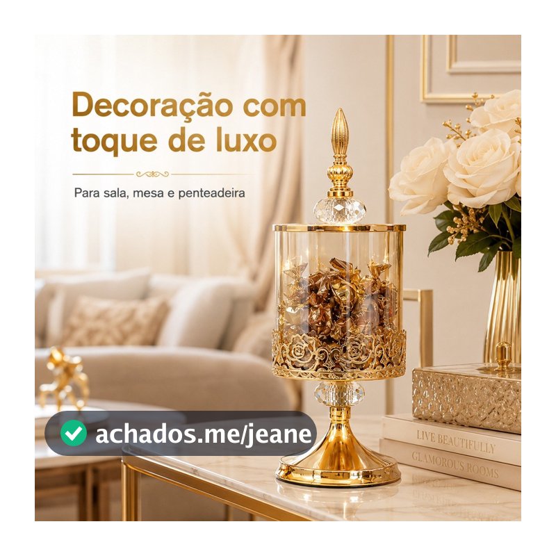 Bomboniere Pote de Vidro Decorativo Luxo Dourado Com Tampa Cristal