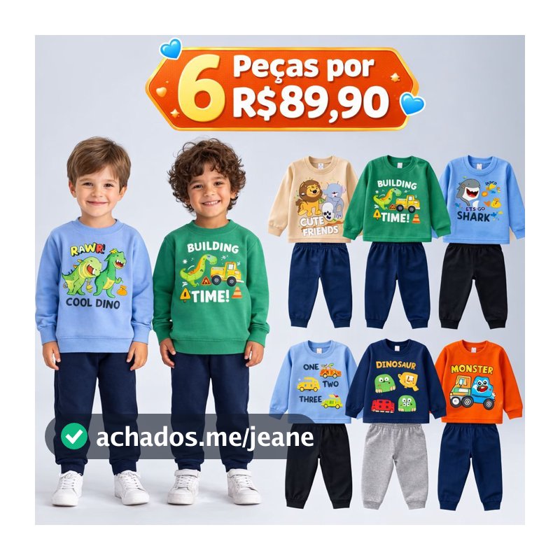 Kit 6 Peças de Conjuntos Moletom Infantil Menino Meia Estação Roupa de Frio Tamanho 1 ao 14