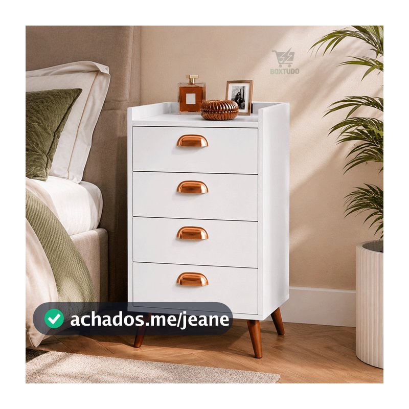 Gaveteiro Monet 4 Gavetas Puxadores Concha Mesa PORTA CELULAR Lateral Cama