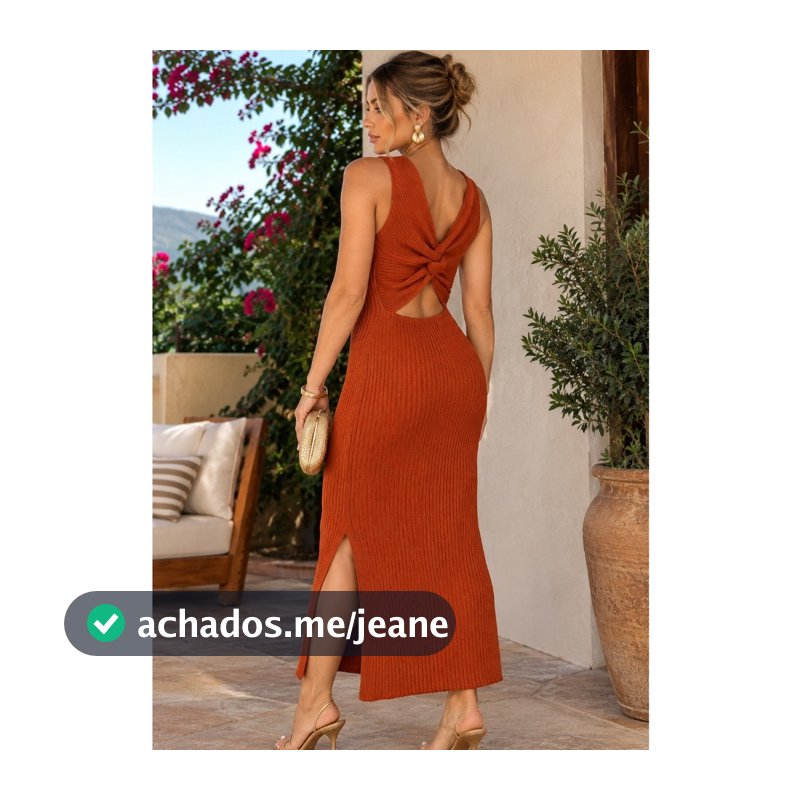 Vestido midi feminino nó duas formas de usar com fenda nas laterais tricô tricot canelado verão