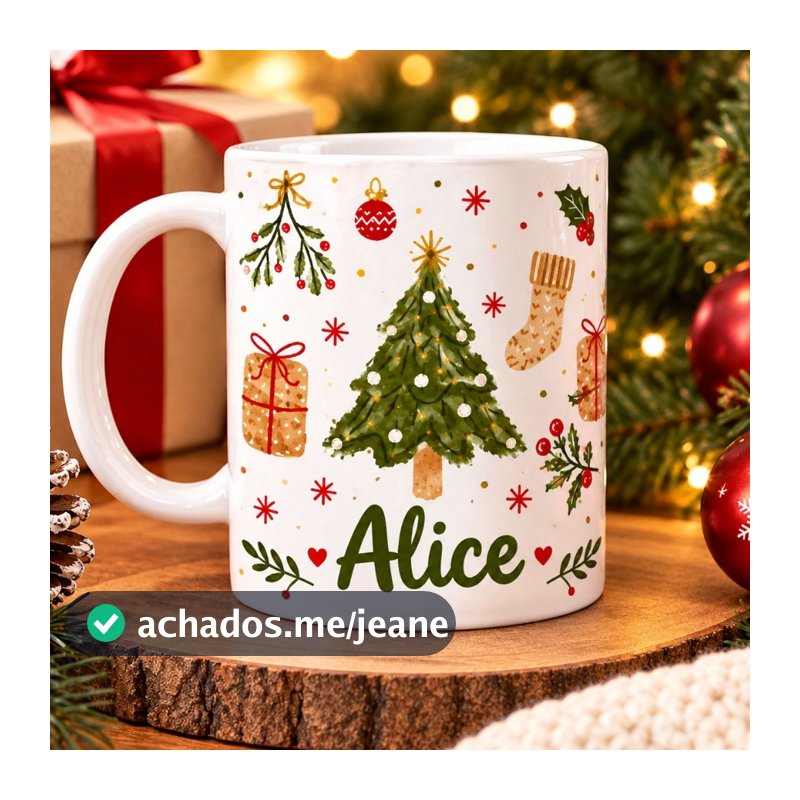 Caneca Natalina Papai Noel Natal com nome personalizado ARVORE DE NATAL