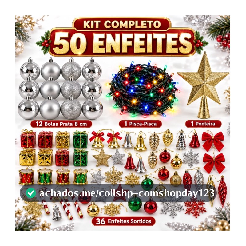 Kit 50 Enfeites Árvore De Natal Bolinhas Pendentes Pisca Pisca Laços Decoração Natalina Papai Noel
