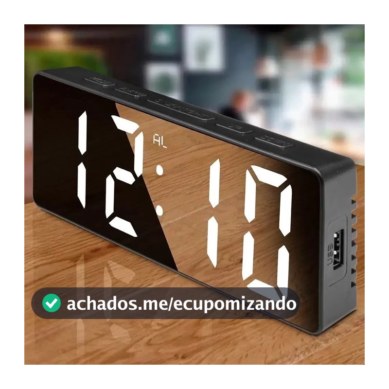 Relógio Despertador Digital De Mesa 16X2.5X6cm Alarme Temperatura Pilha AAA Usb Preto Com Led