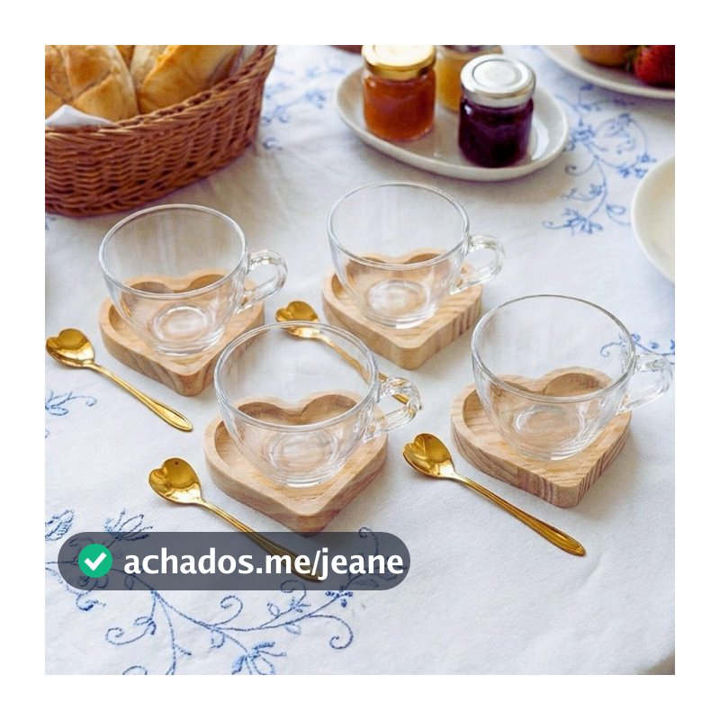 Kit 4 xícaras G + 4 pires Coração + 4 colheres Coração