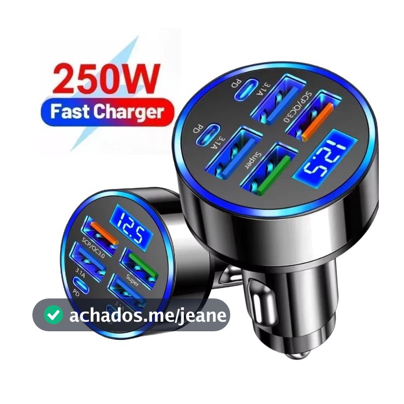 Adaptador de Carro de Carregamento Rápido 6 em 1 3.1A Display Digital Duplo Tipo C para Smartphones, Tablets e Power