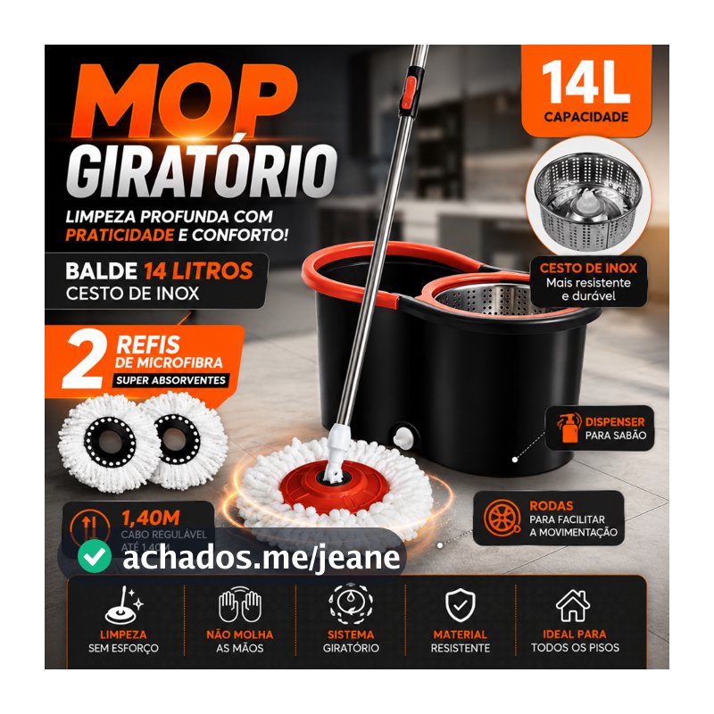 Mop Giratório Com Cesto Em Inox C/2 Refil  Cabo 140 cm e Dispenser Para Sabão - Nybc