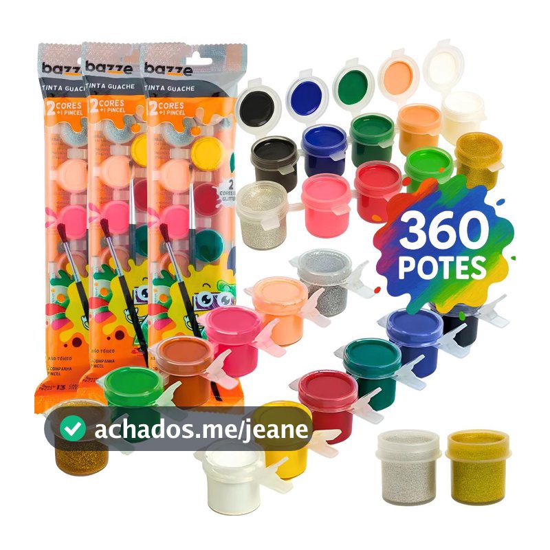 Kit 30 Pacotes Tinta Guache 12 Cores +Pincel 360 Potinhos Festa Lembrancinha Escola Atacado