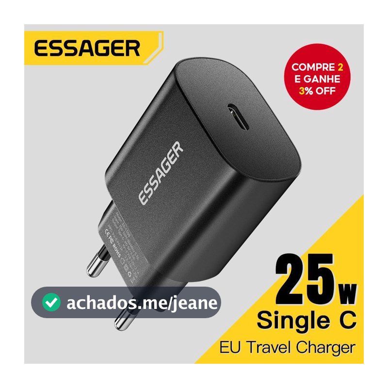 Carregador USB-C 25W com Suporte a PD de Carregamento Rápido Tipo C Portátil ESSAGER para iPhone 15 14 13 Pro Max