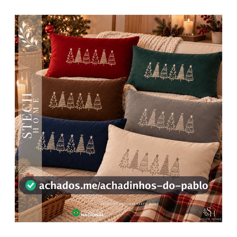 Almofada de Natal Bordada 50x30cm em Suede ou Percal – Baguete Decorativa Natalina Árvore de Natal