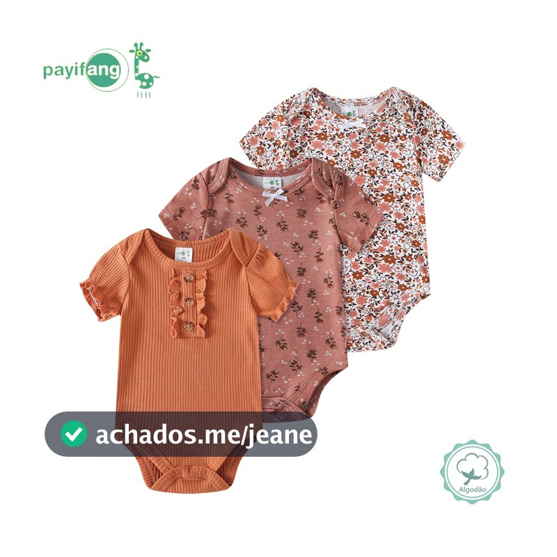 Kit 3 Body de Bebê Menina Manga Curta 100% Algodão Flores Terrosas Macio Uso Diário TM-3034