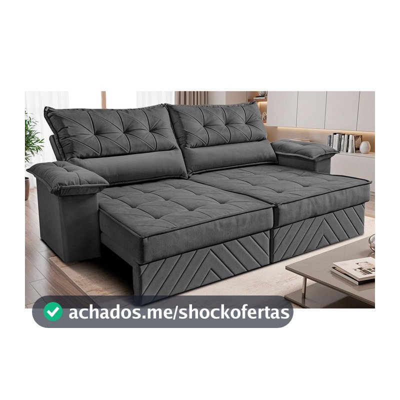 Sofá Retrátil e Reclinável 2,40m com Molas e Espuma D33 Thunder Velusoft Cinza Cama inBox