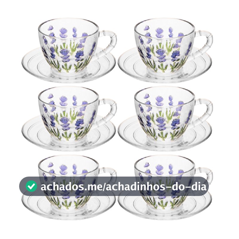 Kit 6 Xícaras de Chá 220ml Lyor Lavanda em Cristal Requintado Luxo Hand Painting Mesa Posta Transparente Roxa Roxinha