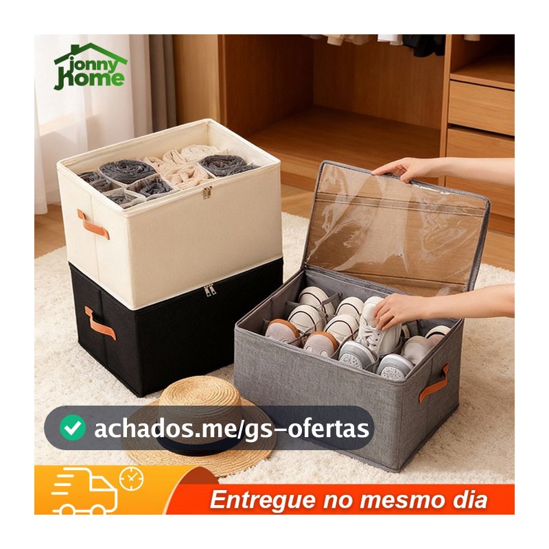 Caixa Organizadora 6 Pares de Sapato Dobrável com Tampa Transparente e Divisórias,43x32x30cm