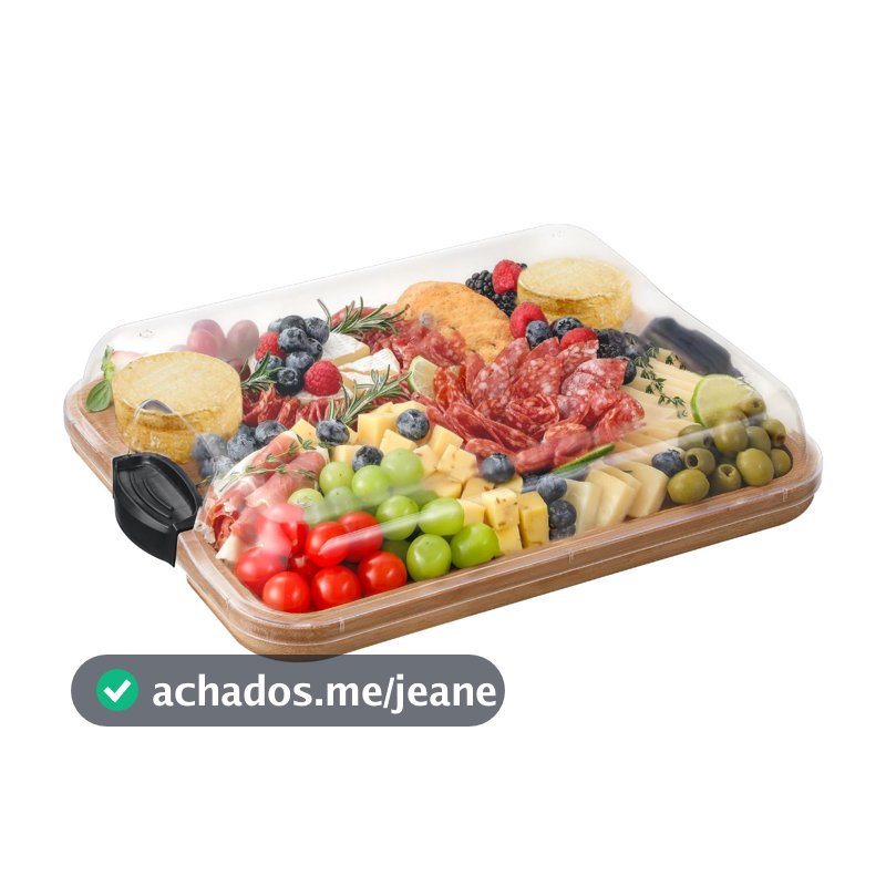 Lumai Bandeja Tabua de Bambu Grande com Tampa Acrílica e Travas para Petiscos Queijos Pães Bolinhos