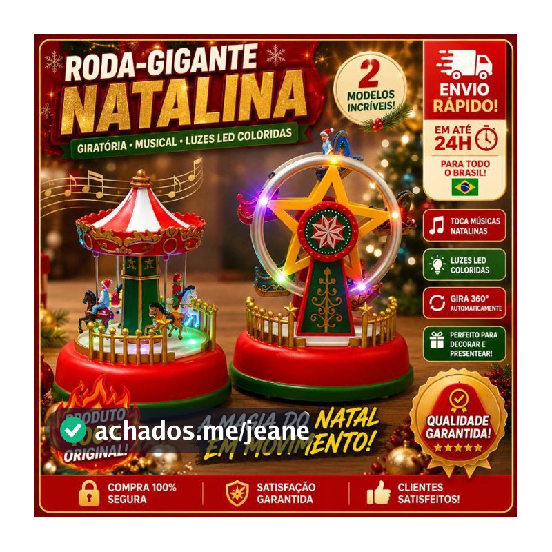 🔥🔥24h Kit 2Peças Carrossel Natalino e Roda Gigante Musical LED – Decoração de Natal com Luz e Movimento, Mesa e Presente