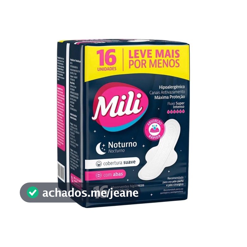 Absorvente noturno Mili com abas pacote com 16 unidades