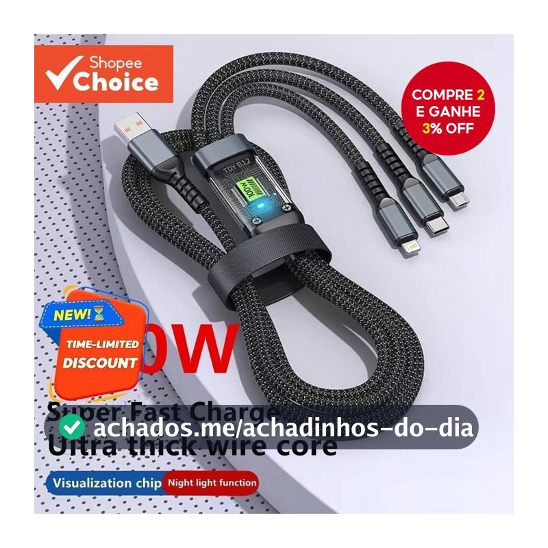 Cabo De Dados De Carregamento Rápido Transparente De 100 W Para Dispositivos Apple Android Tipo C Display Digital