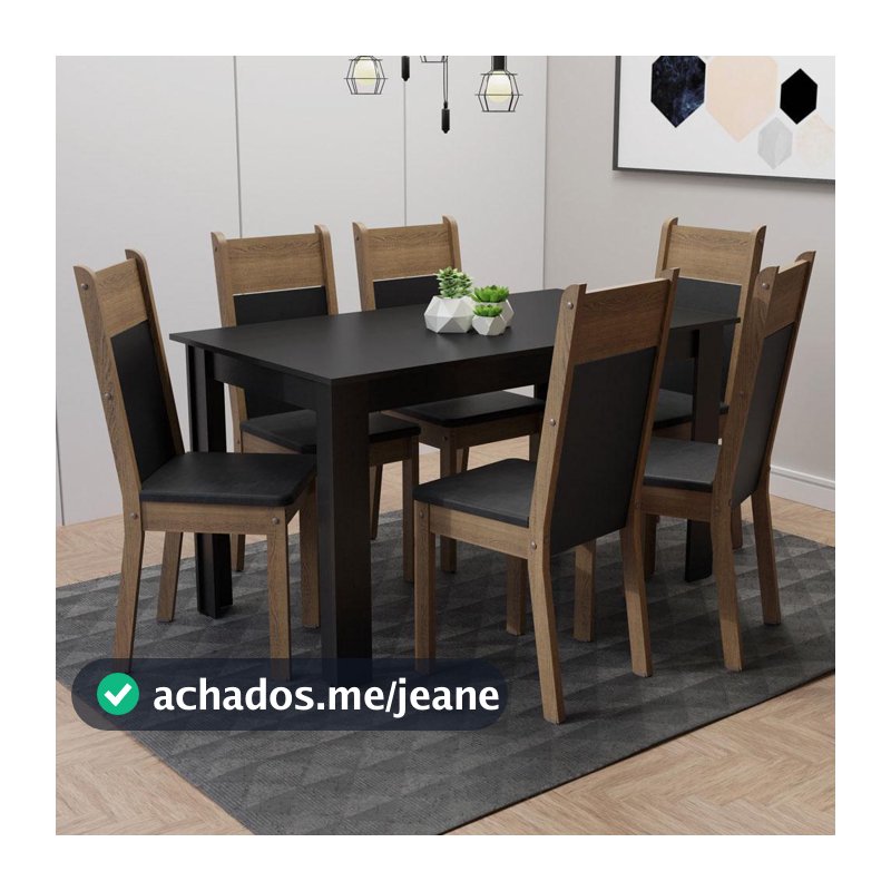 Conjunto Sala Jantar Medelin Madesa Mesa Tampo Madeira com 6 Cadeiras Rustic/Preto/Sintético Preto