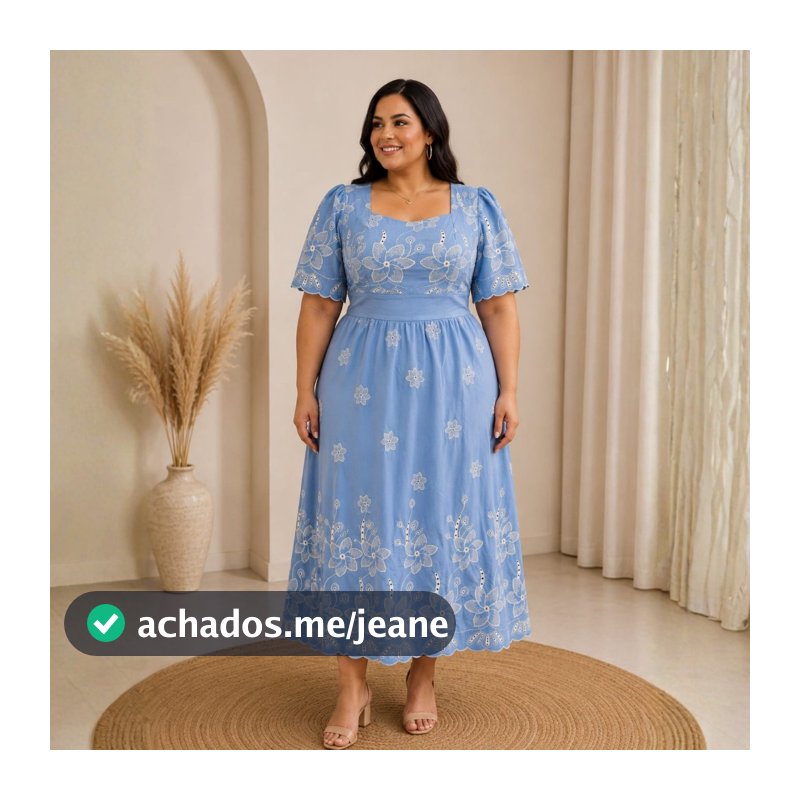 Vestido Longo Feminino Plus Size Bordado Decote Quadrado Manga Soltinha Cintura Marcada elegante evangélica