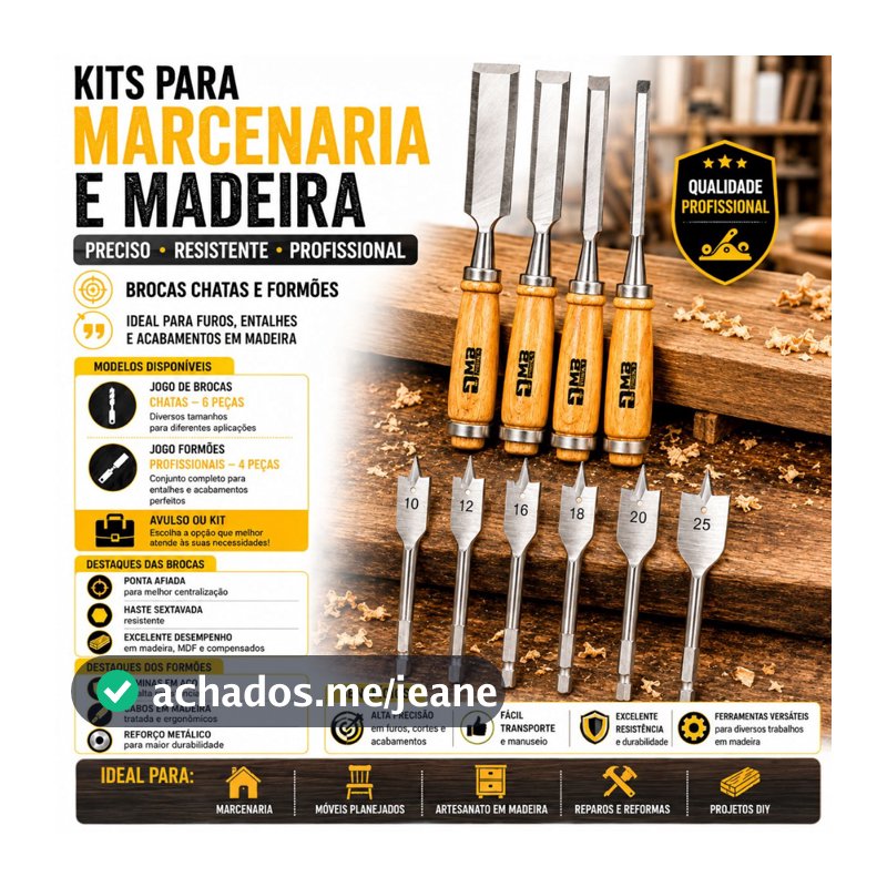 Kit Jogo de Formão e Brocas Chatas para Madeira Marceneiro Carpintaria Profissional Completo