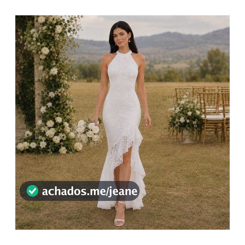 Vestido Noiva Civil Renda Assimétrico Gola Alta Moderno Romântico Branco Casamento Racy Modas floral manga Elegante,