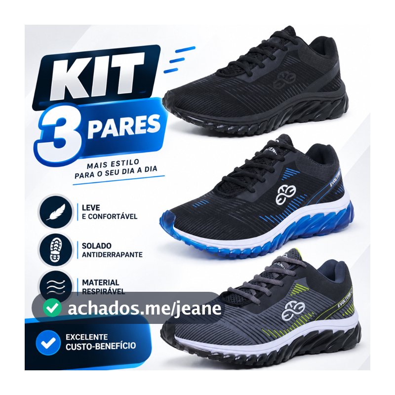 Kit 3 Tênis Adulto Esportivo Confortável Academia Oferta