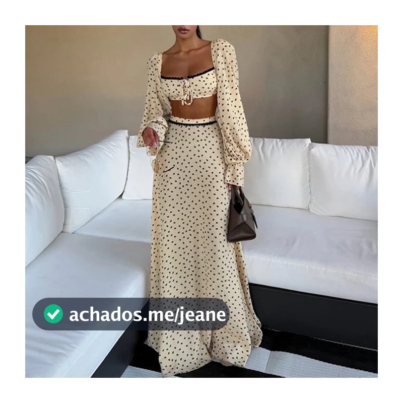 Conjunto Feminino de 2 Peças, Moda Europeia-Americana, Vestido Longo com Estampa de Bolinhas, Conjunto Coordenado para U