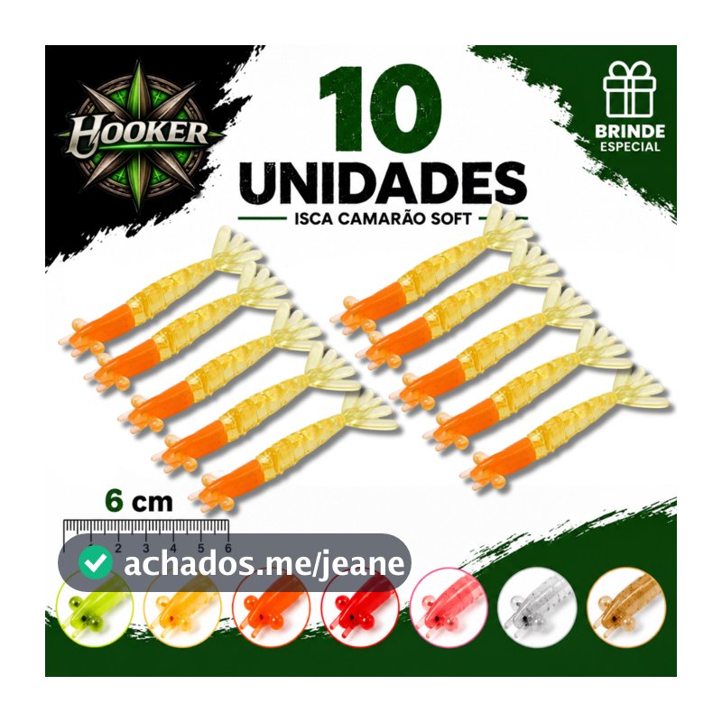 Kit 10 Iscas Camarão Soft 6cm Hooker Bait Pesca Artificial Escolha a Cor