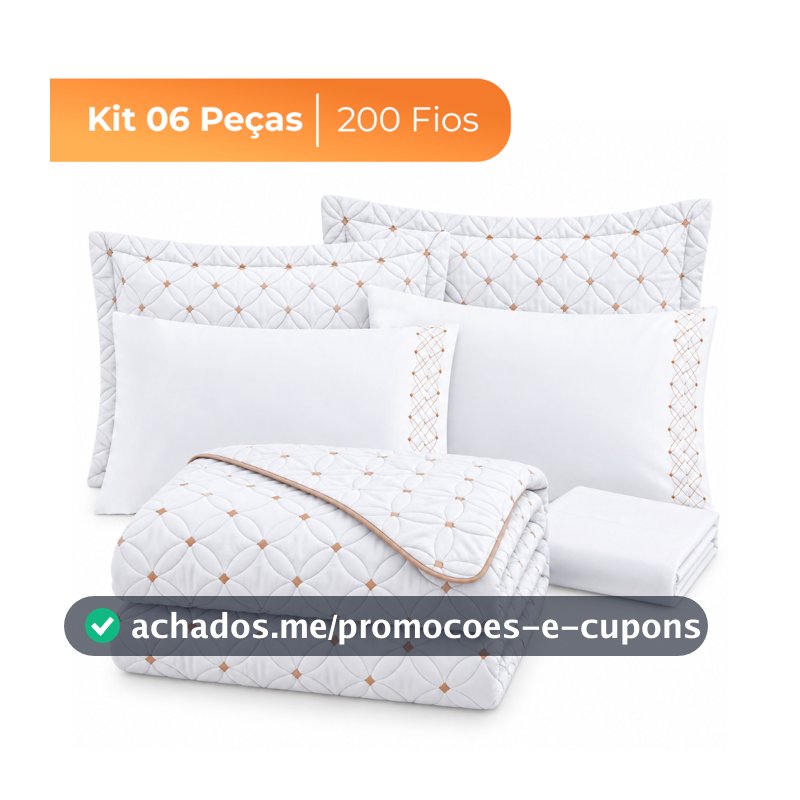 Colcha Kit 06 Peças Cobre Leito Completo Percal 200 Fios Luxo Bordado Extra Macio