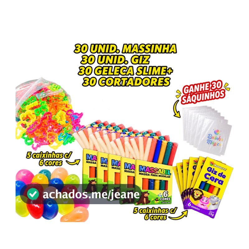 Kit 30 Unidades (Massinha de Modelar + Giz de Cera + Cortador+ Slime) Ganhe 30 Saquinho Lembrancinha