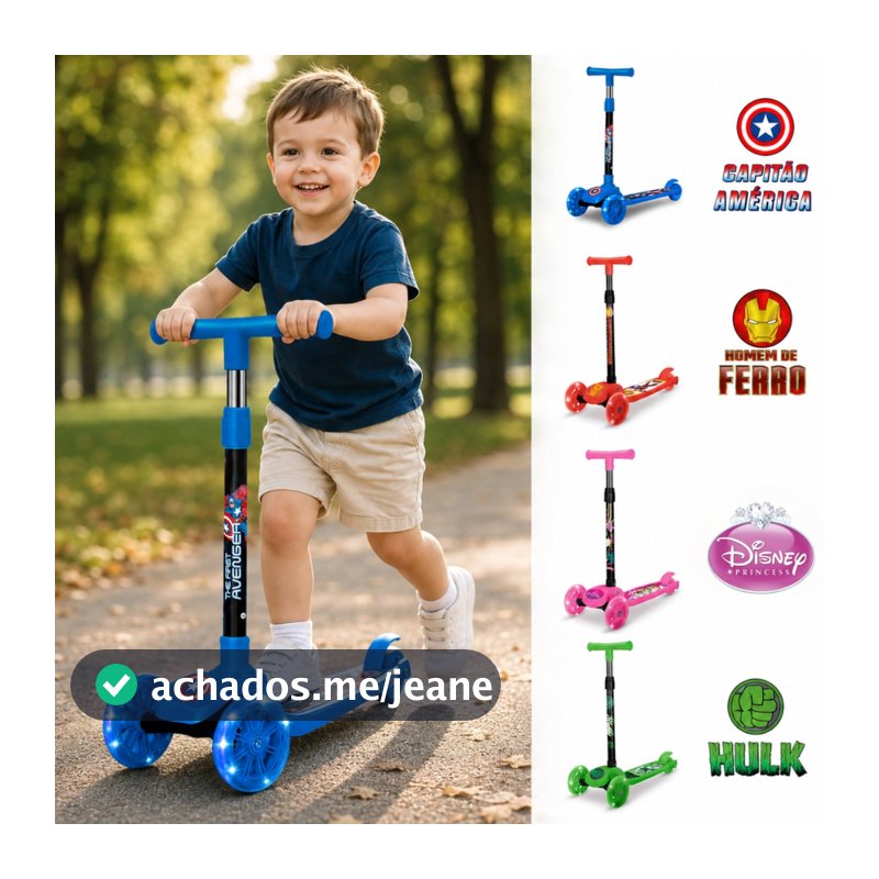 Patinete Infantil 3 Rodas, Princesas, Hulk, Capitão América, Homem de Ferro, patinete com 3 rodinhas Com Led - Disney
