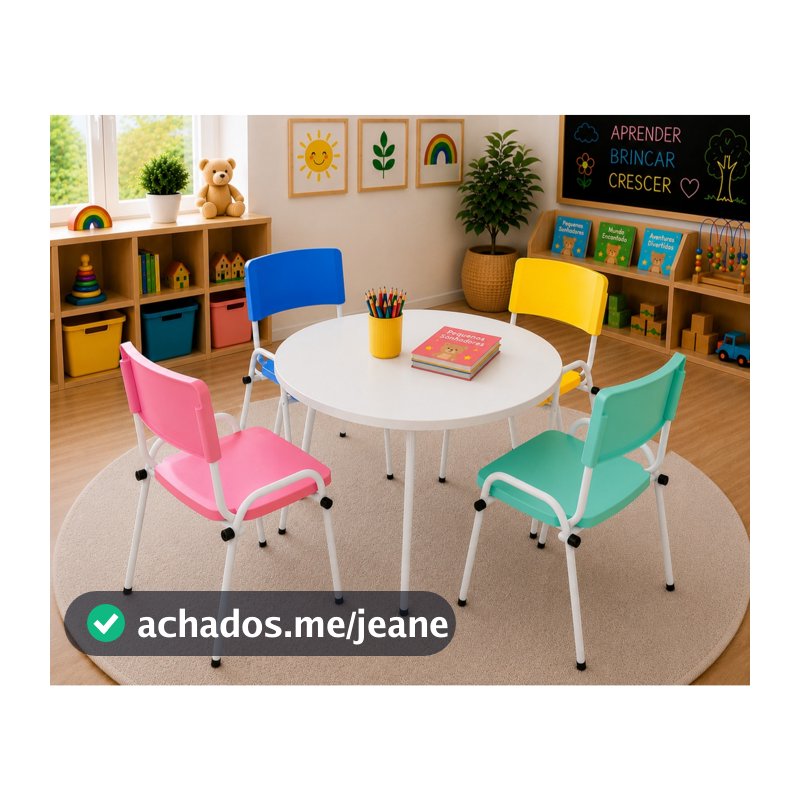 Kit Mesa com 4 Cadeiras Infantil Escola Creche Brinquedoteca  Branco Kids Estudo Confortável Resistente Iso