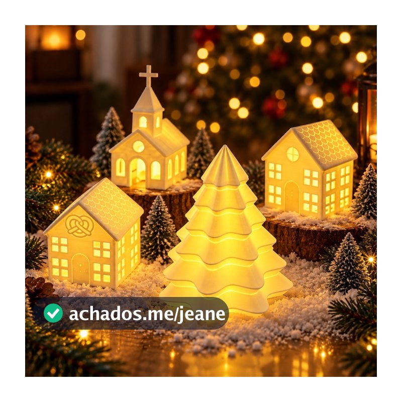 Kit Vila Natalina Luminária Casinhas Igreja Árvore com Vela LED Decoração de Natal