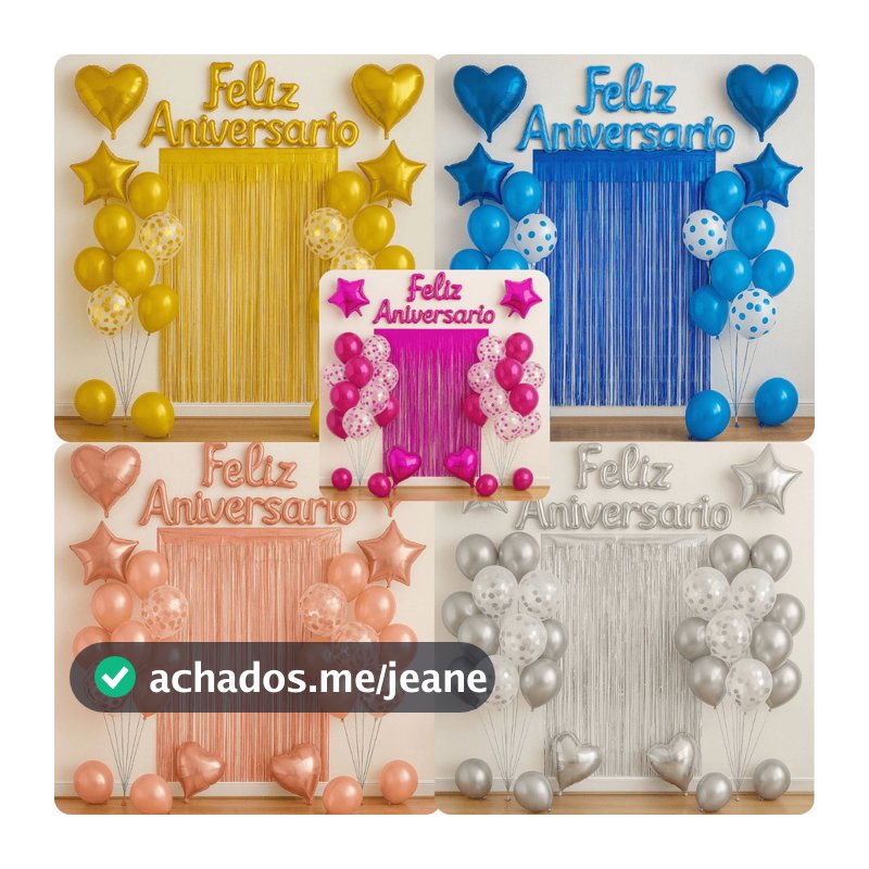 Kit com 26 peças decoração de Festa Completa – Balões Metalizados, Cortina e Feliz Aniversário