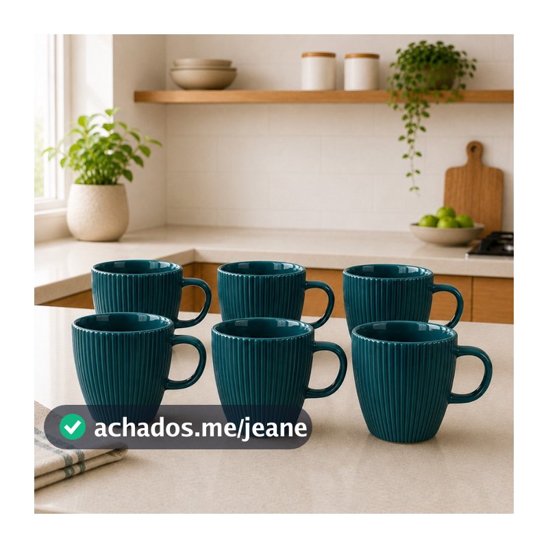 Kit 12 Caneca Canelada Porcelana Azul Petróleo 250 ml Para Café Chá Leite Cappuccino Mesa Posta Cozinha Restaurante
