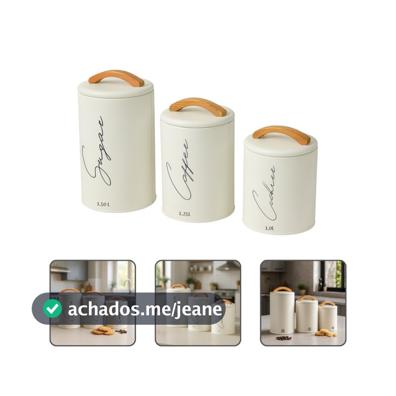 Kit 3 Potes Herméticos Mantimentos Lata Com Tampa E Alça Em Bambu Açúcar Café E Cookies