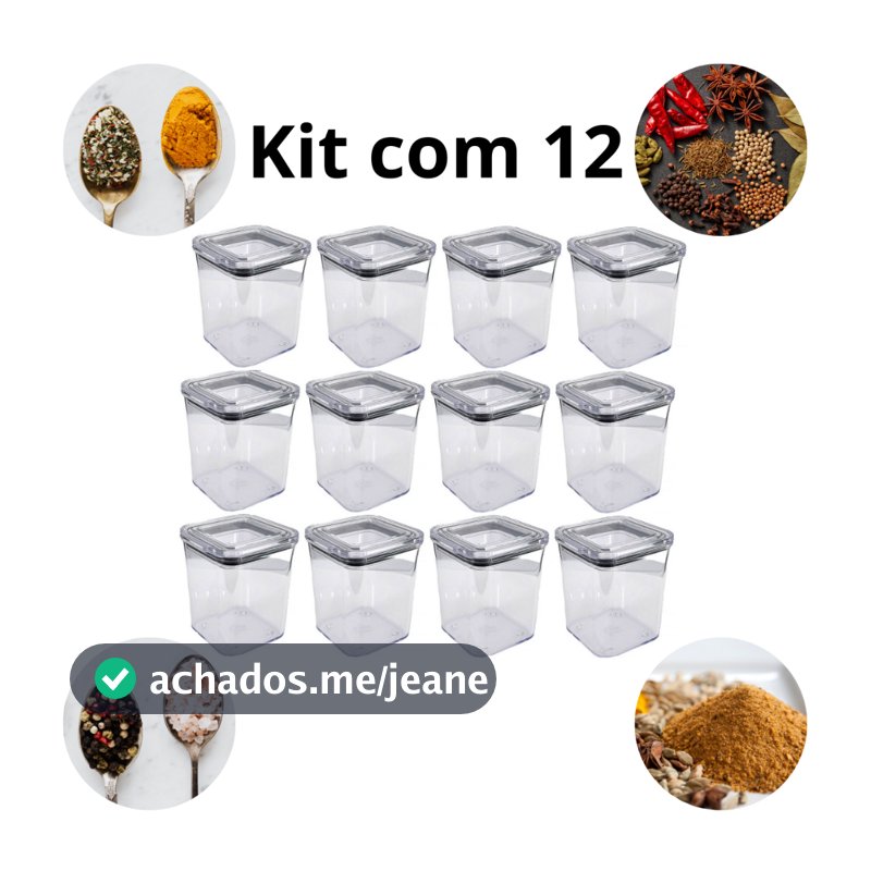 Porta tempero hermético acrílico jogo com 12 de 200ml empilhável + BRINDE