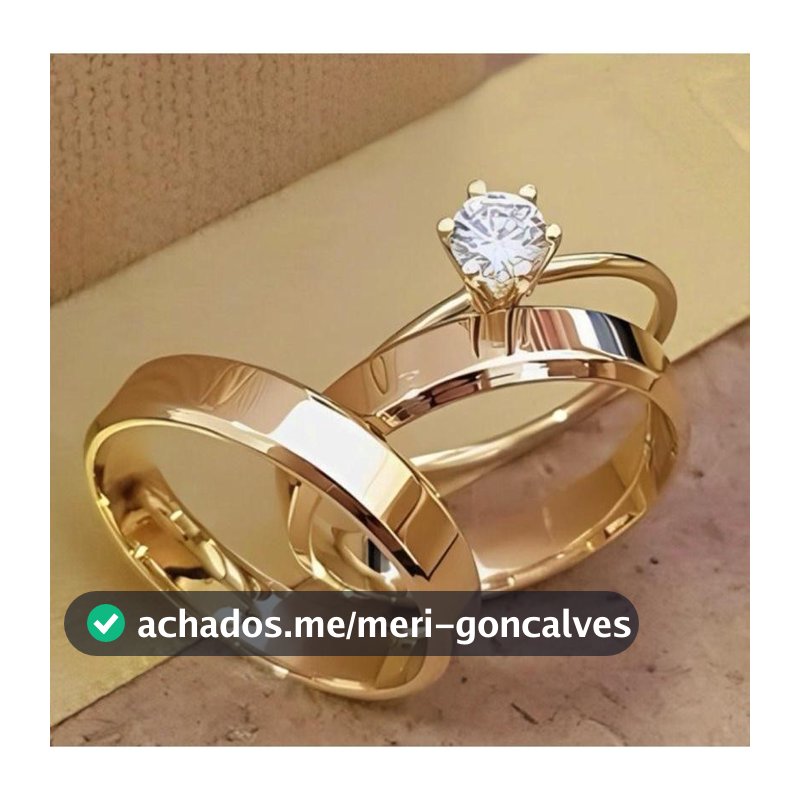 Par Aliança e Anel Solitário 4MM Noivado Casamento compromisso 100% em moeda cor de ouro 18k