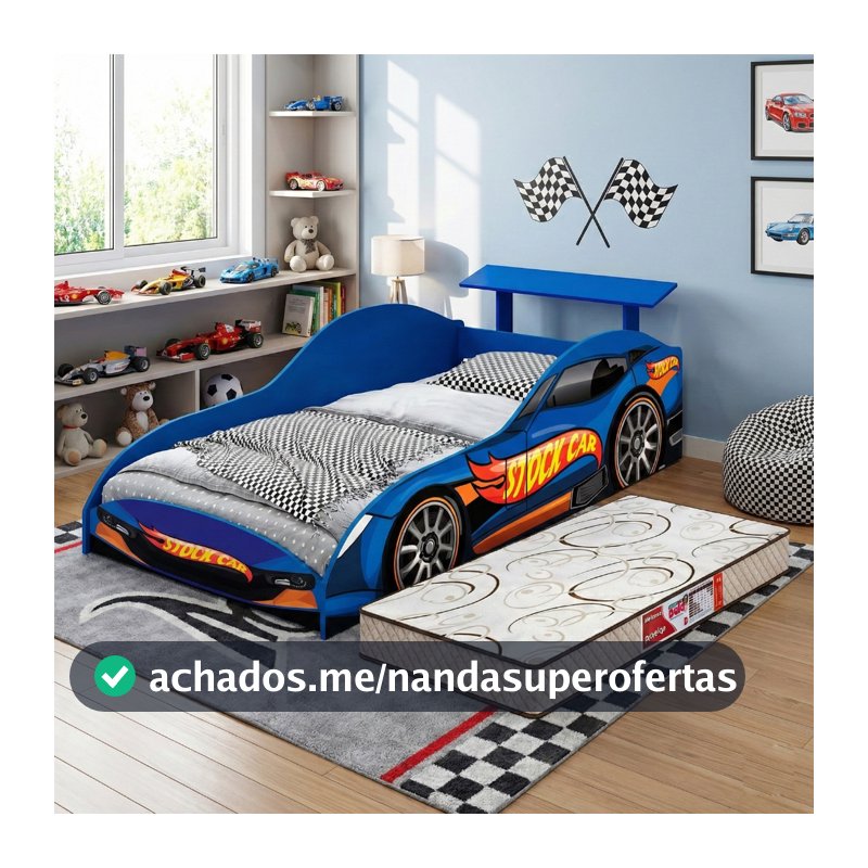 Cama Infantil Carro Stock Car Azul MDF Aerofólio com Juvenil Masculina Quarto Menino com colchão