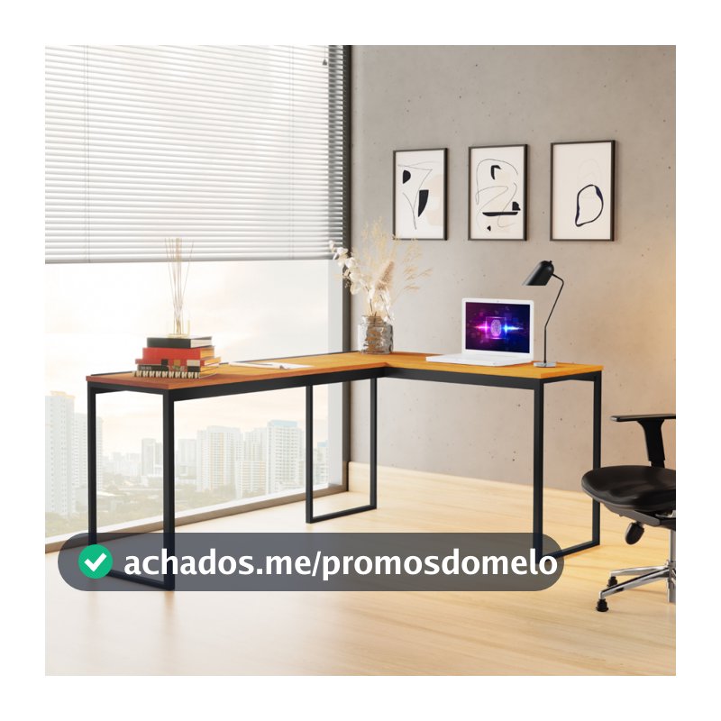 Mesa Escritório em L Escrivaninha Industrial de canto Premium com Base Aço Preto Acabamento Moderno