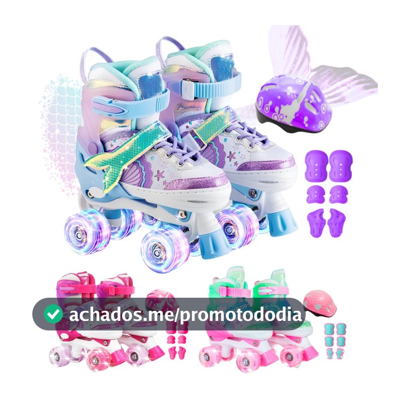 Patins Infantil 4 Rodas Ajustável Sereia + Proteção Rodinha Led