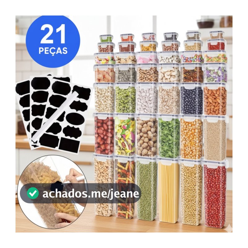 Kit 21 Potes Hermeticos Resistentes Quadrados Para Mantimentos Organizadores para Dispensa Alimentos
